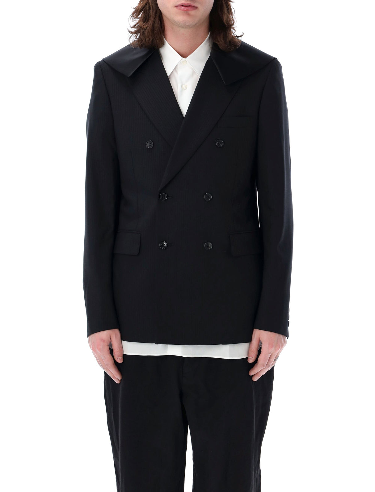 Men's Double-Breasted Wool Blazer with Shiny Satin Collar