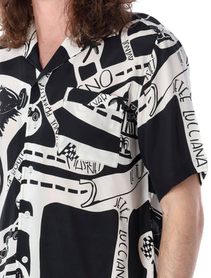 Men's Graphic Print Bowling Shirt - Black Silk Strada