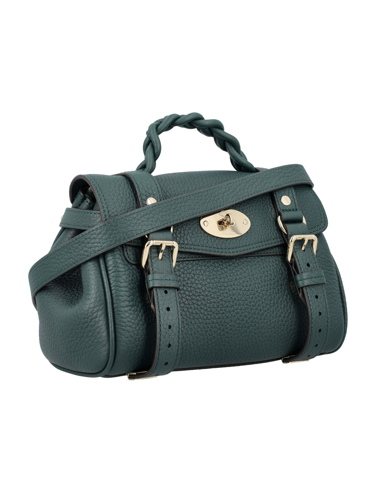 MULBERRY Mini Alexa Green Leather Shoulder Bag with Braided Handle and Postman's Lock