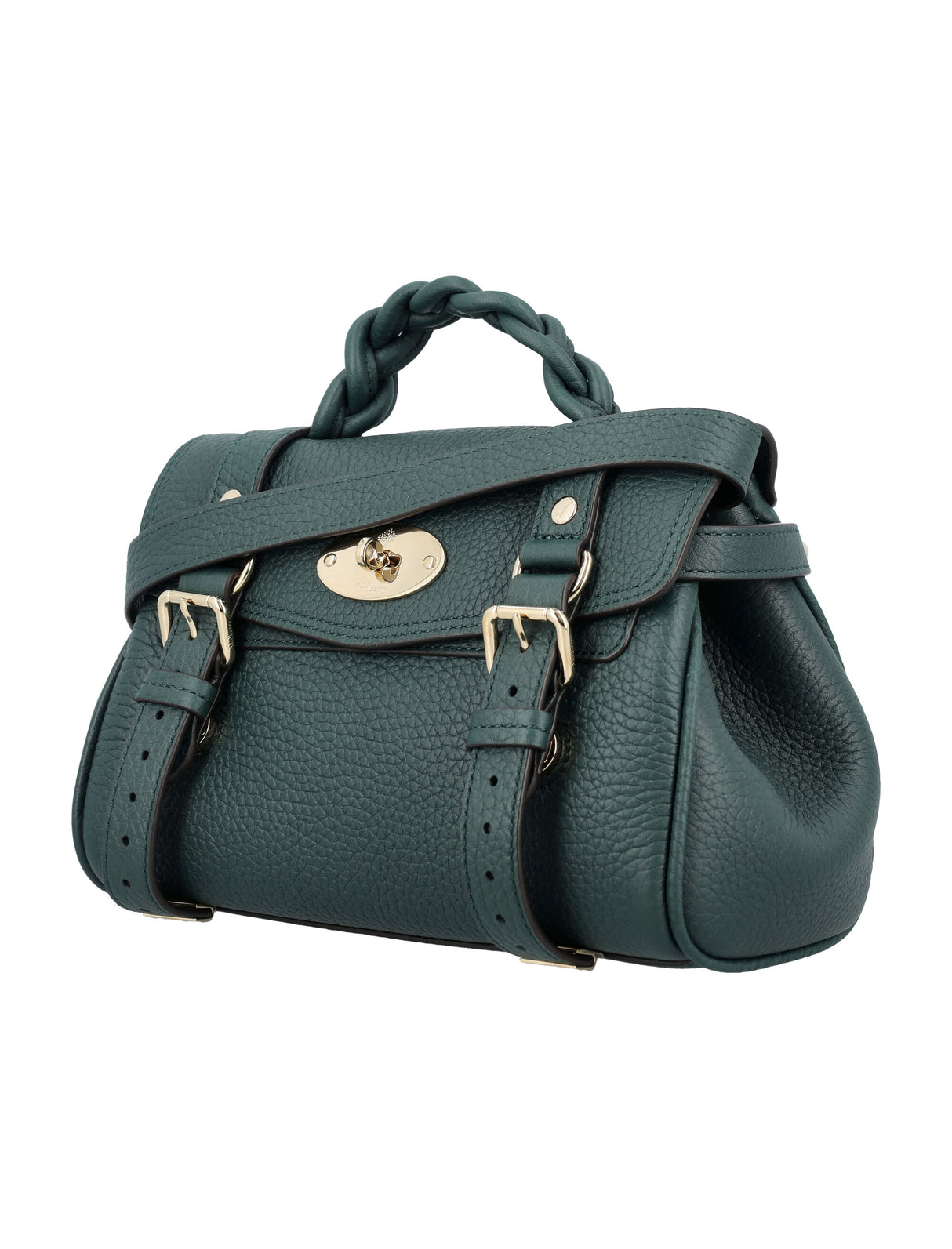 MULBERRY Mini Alexa Green Leather Shoulder Bag with Braided Handle and Postman's Lock