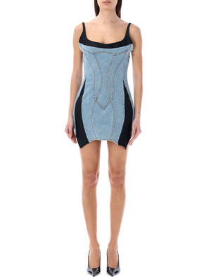 MUGLER Denim Corset Dress with Adjustable Straps and Asymmetric Hemline