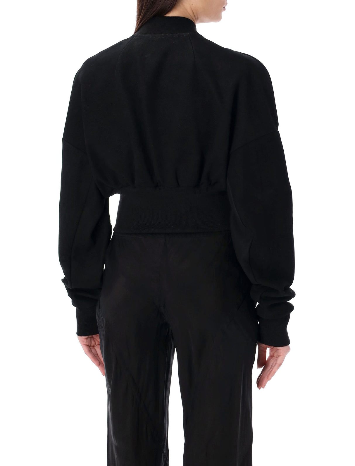 RICK OWENS Women's Black Cropped Leather Jacket with Zip Fastening, Ribbed Collar and Cuffs - SS24