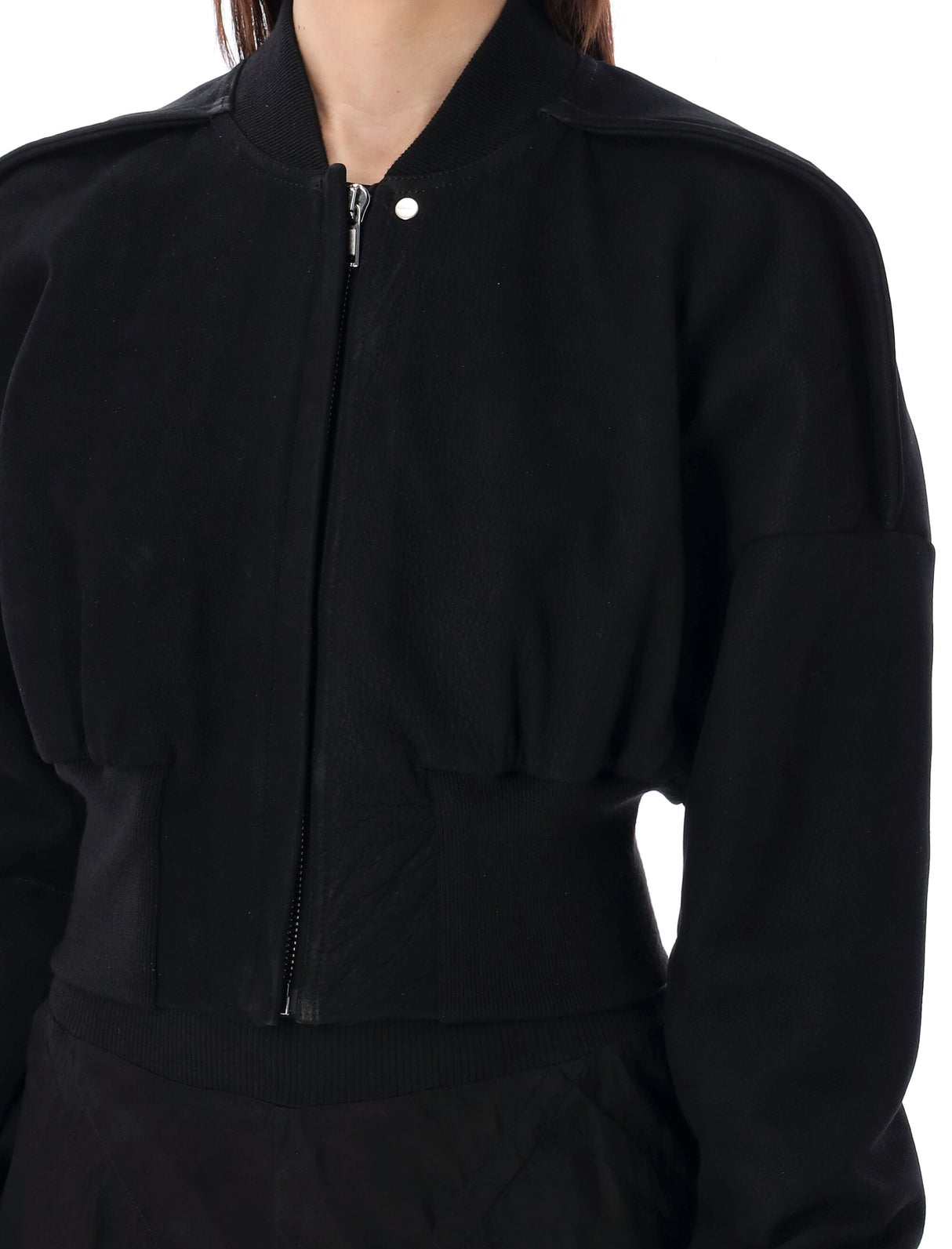 RICK OWENS Women's Black Cropped Leather Jacket with Zip Fastening, Ribbed Collar and Cuffs - SS24