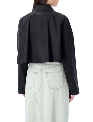 Áo khoác cắt ngắn vải Twill đen dành cho phụ nữ: cổ điển, viền xử lý thô, khóa ẩn