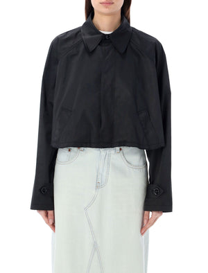 Áo khoác cắt ngắn vải Twill đen dành cho phụ nữ: cổ điển, viền xử lý thô, khóa ẩn