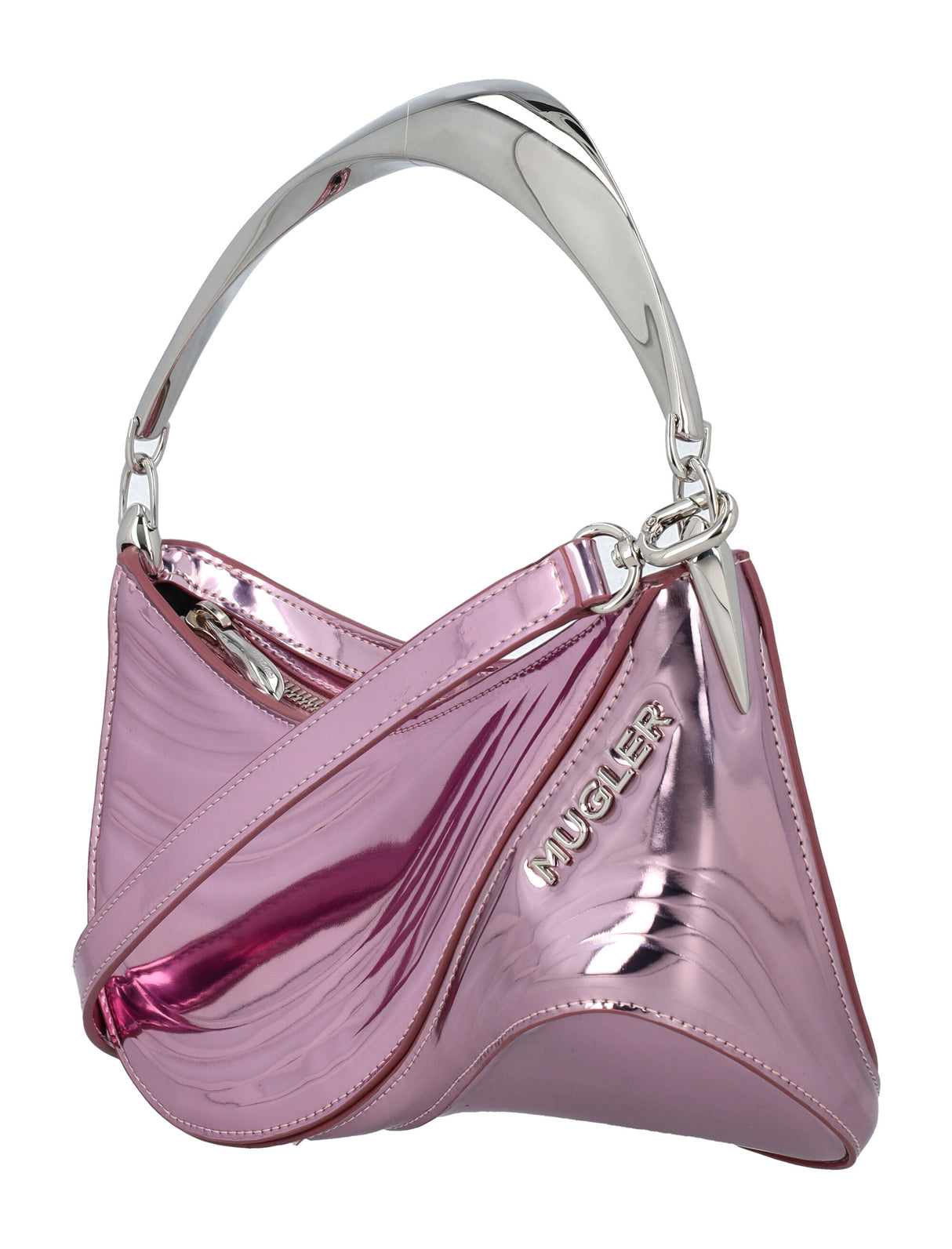 MUGLER Metallic Pink Mini Curve Shoulder Bag with Silver Handle, 18x23x9 cm