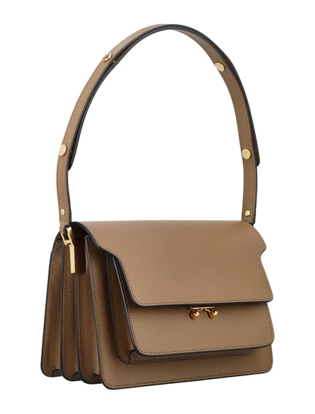 MARNI Medium Leather Trunk Crossbody Handbag in Brown, Adjustable Strap & Gold-Tone Hardware, 16x23x12.5 cm