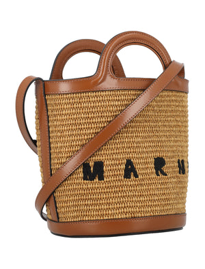 MARNI Tropicalia Small Raffia Bucket Handbag with Leather Accents