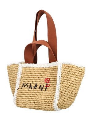 MARNI Chic Mini Macramé Raffia-Effect Shopper Bag with Floral Logo Detail - Natural/White/Rust