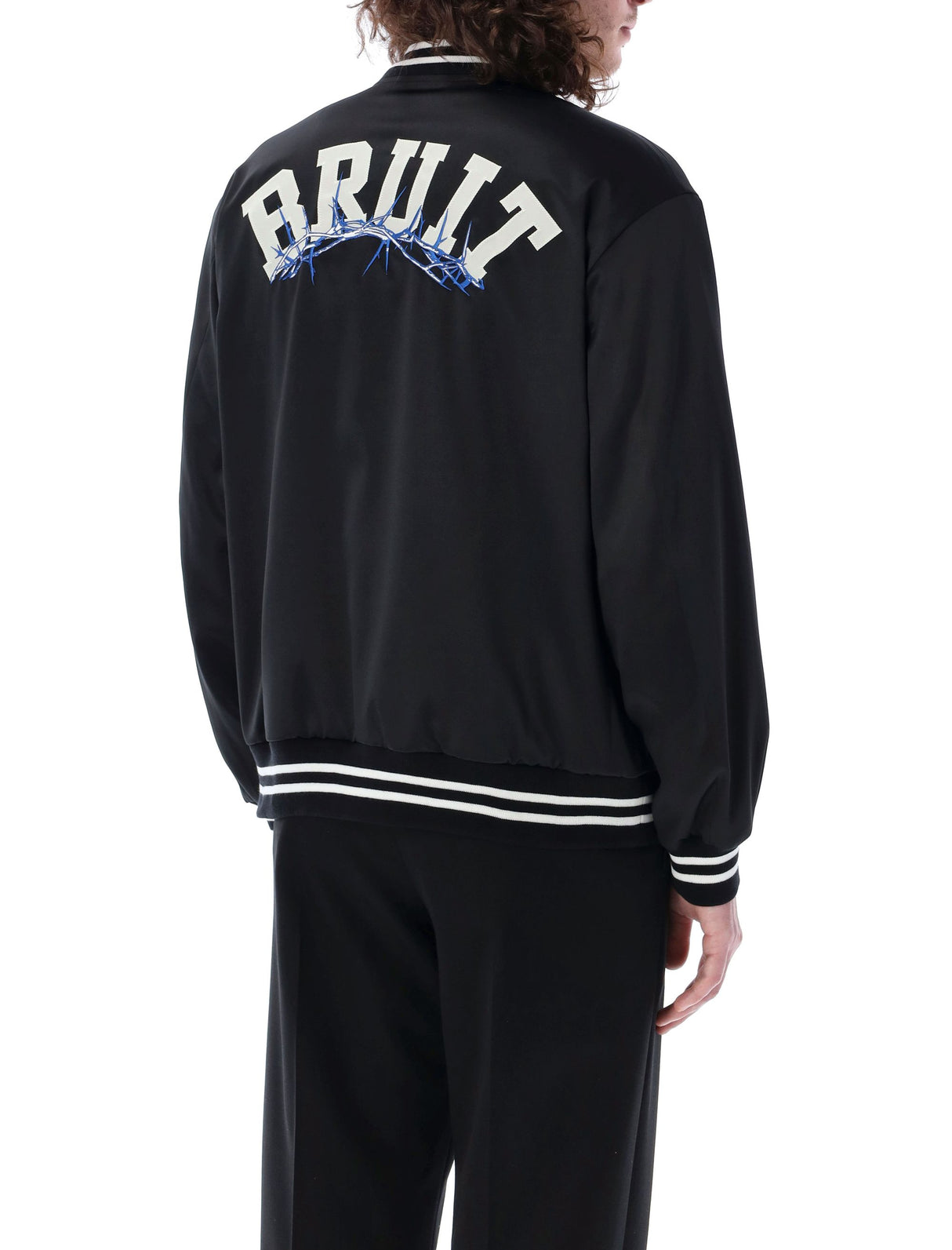 Black Varsity Jacket with Embroidered Patch and Ribbed Stripes