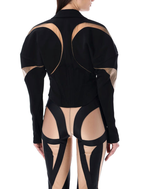 螺旋幻景外套 - 結構黑色透明網眼束縛外套，適合女性穿著