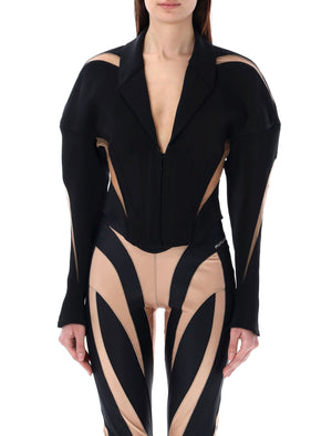 螺旋幻景外套 - 結構黑色透明網眼束縛外套，適合女性穿著