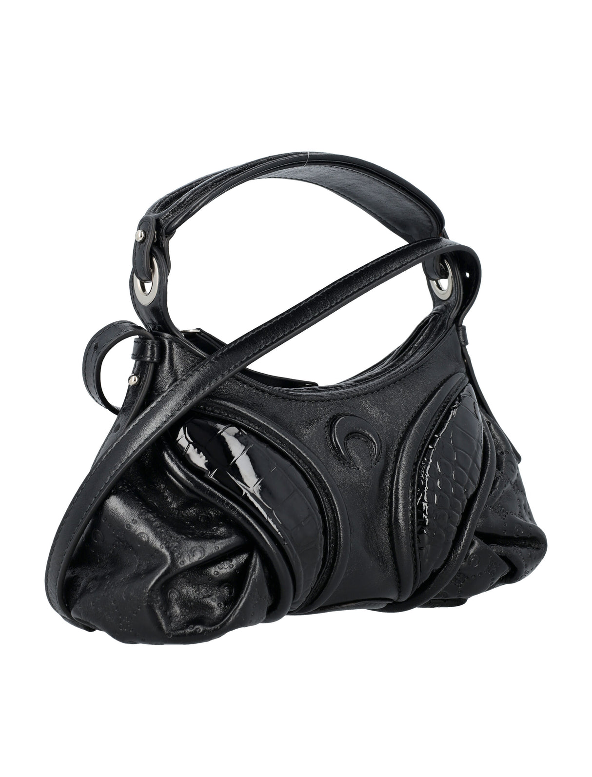 MARINE SERRE Black Embossed Leather Mini Futura Handbag with Padded Moon Detail and Adjustable Strap
