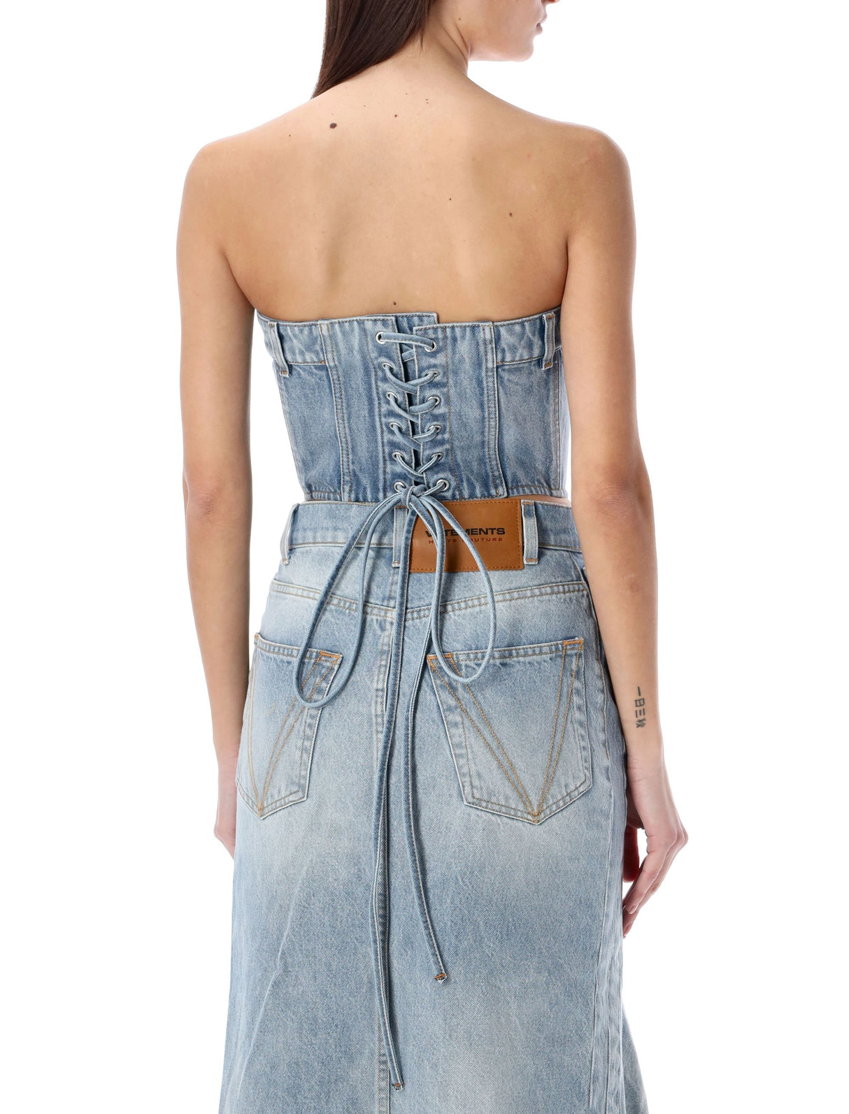 純棉牛仔胸衣上衣-條紋格構設計，拼接式，綁帶後背鏈條-淺藍色-女款