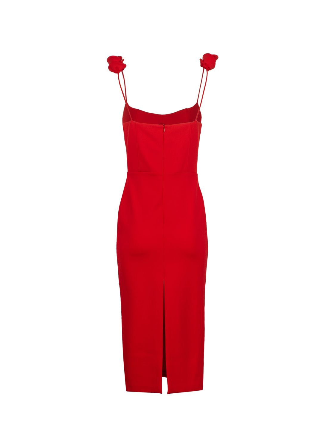 红色花边真皮迷你连衣裙 - 荷叶吊带设计，修身款式，方领