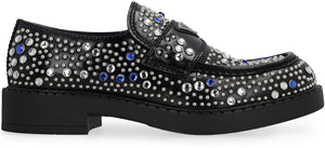 PRADA Black Leather Loafers with Rhinestone Embellishments for Men