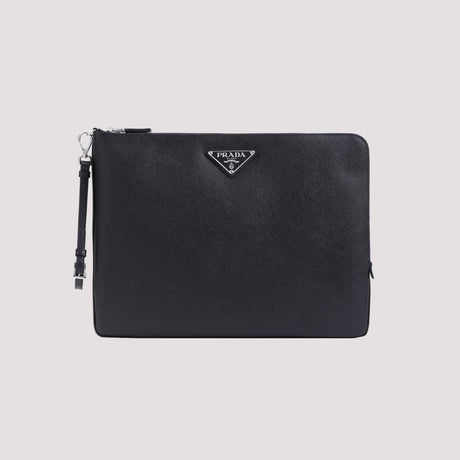 PRADA Saffiano Black 100% Leather Pouch Handbag for Men