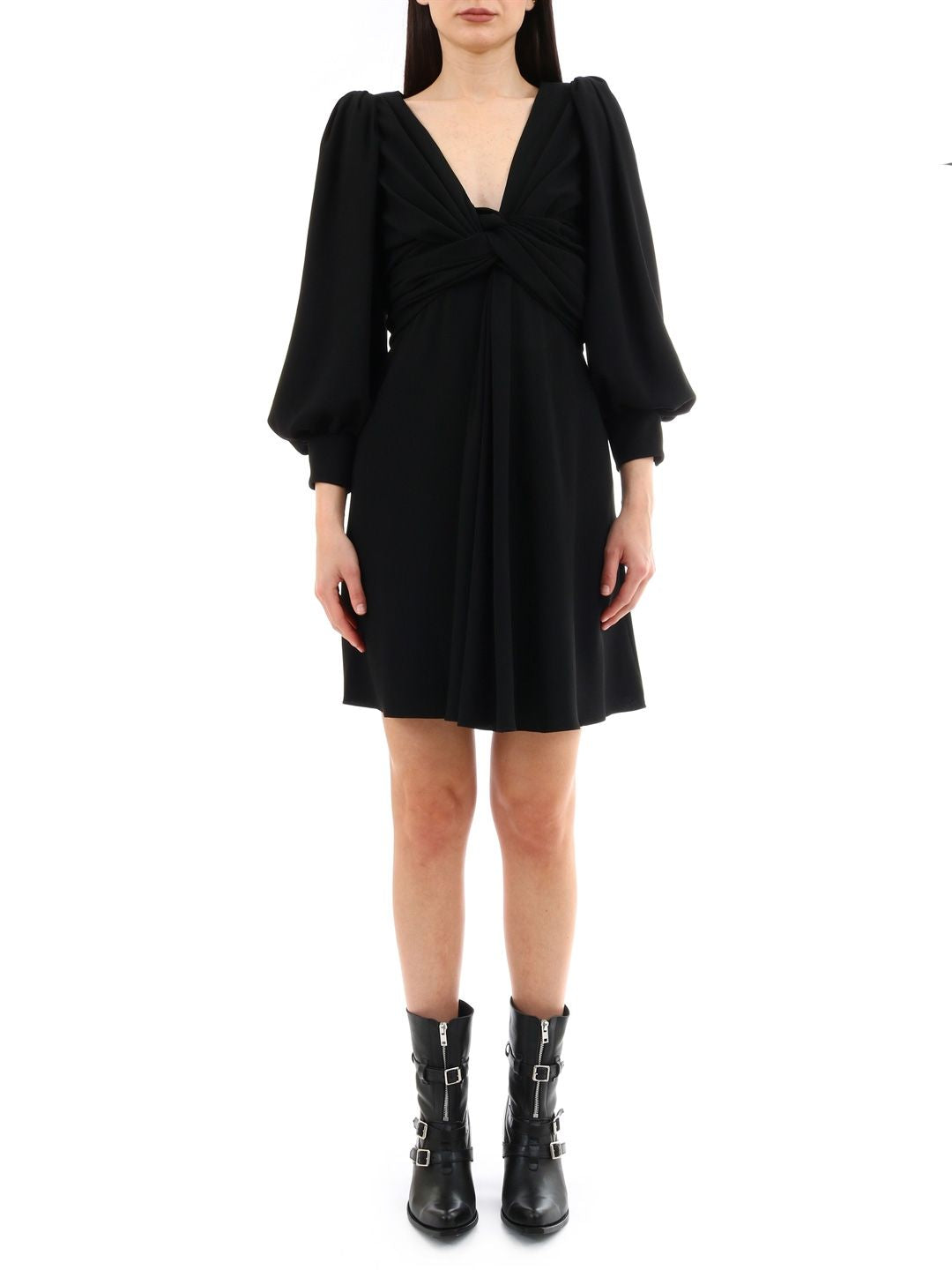 Stylish Black Wrap Dress with V-Neck and Long Sleeves for Women