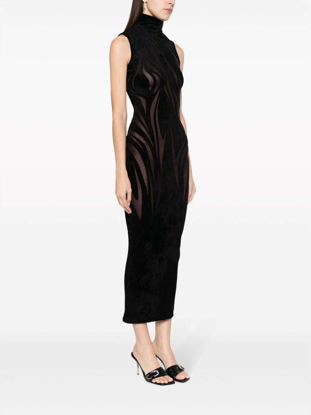 高项高腰黑色连衣裙 - 透明网纹设计，女士长款无袖连衣裙 FW23