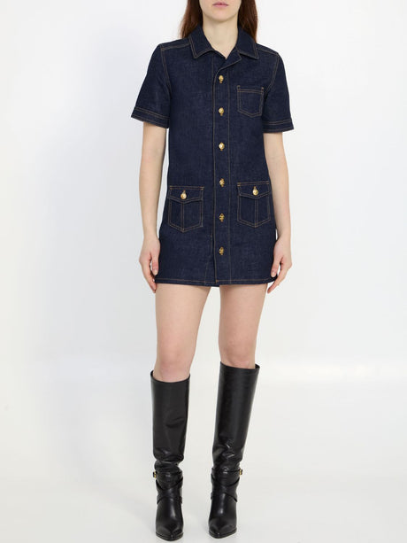 Blue Denim Mini Dress with Contrast Topstitching and Gold-Tone Buttons