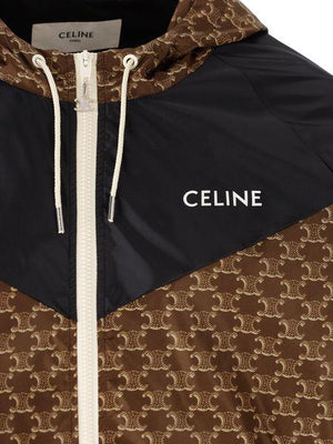 CELINE Men's Beige and Black Triomphe Print Nylon Jacket