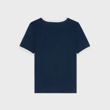 Navy Blue and White Cotton T-Shirt for Women with Celine Paris Logo