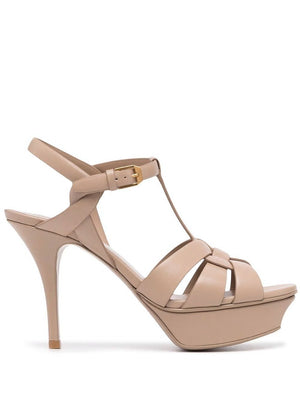 SAINT LAURENT Beige Smooth Leather Tribute Sandals for Women - SS24