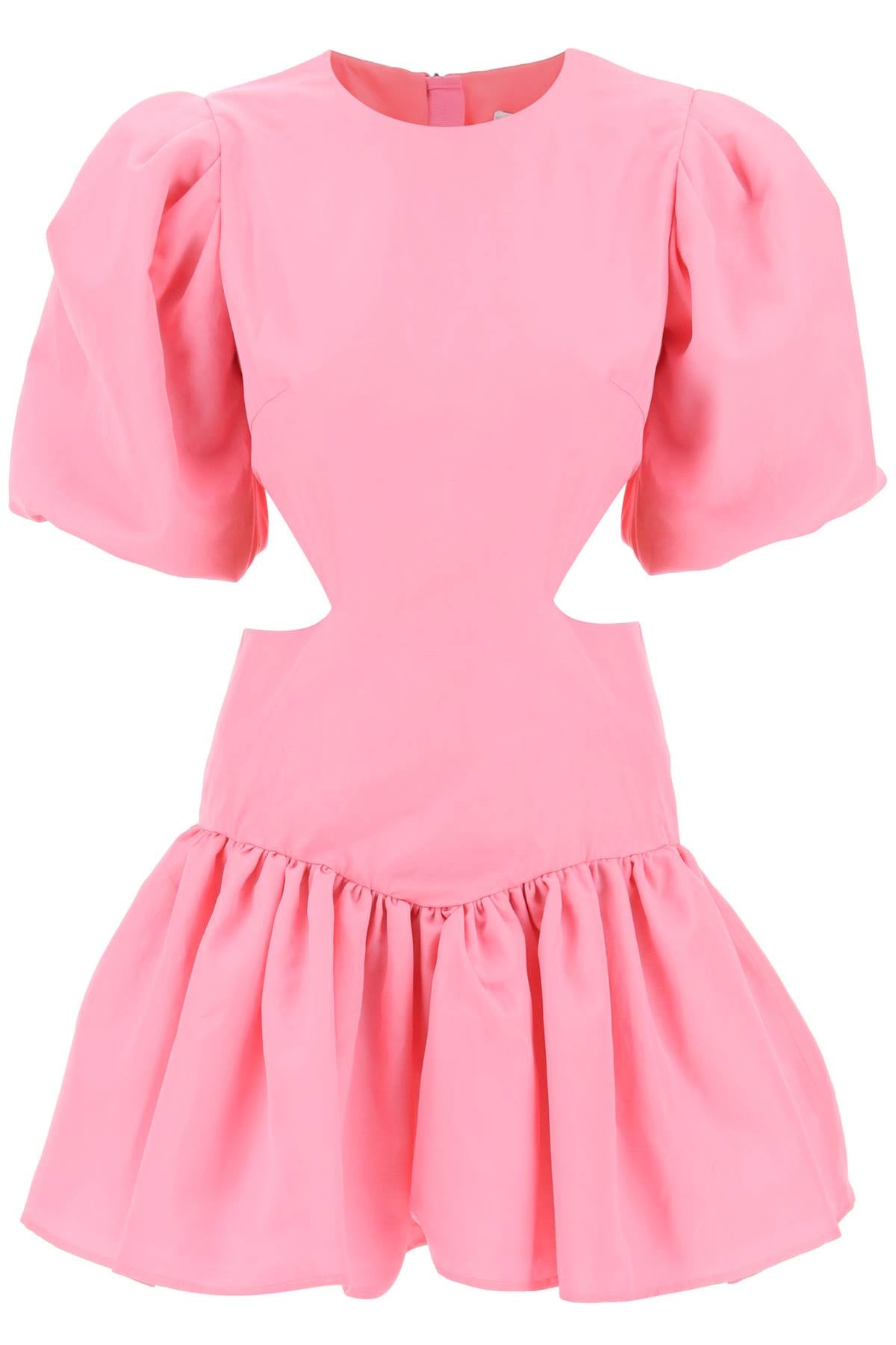 粉紅帶泡泡袖和開衩設計的迷你洋裝