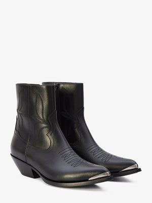 CELINE Men's Black Shiny Leather Ranch Boots with Embroidered Detail