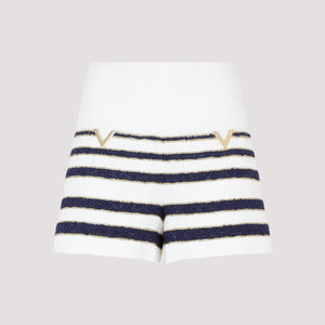时尚女士米白和海军蓝色斜纹布短裤 - FW23