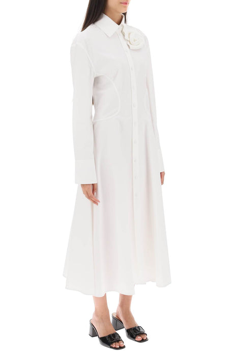白色長裙配玫瑰刺繡 純棉彈性紗洋裝適合女性 - 收束下擺剪裁