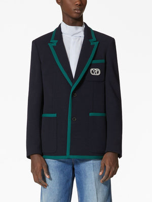 藍色單排釦男士羊毛西裝外套，配有對比修飾(FW23)