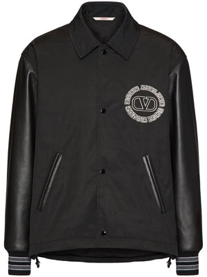 黑色尼龙跑道夹克，带有皮革袖子和Valentino徽章