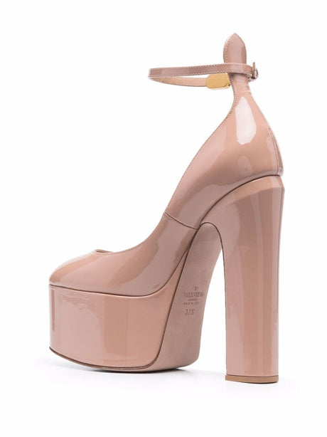 Rose Pink Patent Leather Pumps with Ankle Strap and Platform Sole