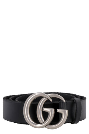 Stylish Men's Black Leather Belt with Antiqued Silver-Tone Double G Buckle