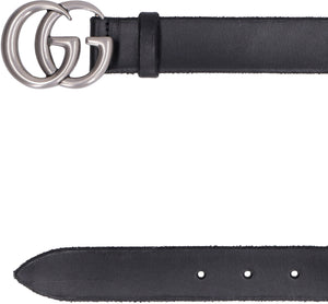 Stylish Men's Black Leather Belt with Antiqued Silver-Tone Double G Buckle