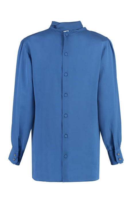 GUCCI Blue Georgette Pussy-Bow Shirt with Logo Detail Buttons and Buttoned Cuffs