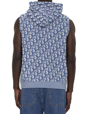 DIOR HOMME Men's Blue and White Sleeveless Hoodie with Dior Oblique Print