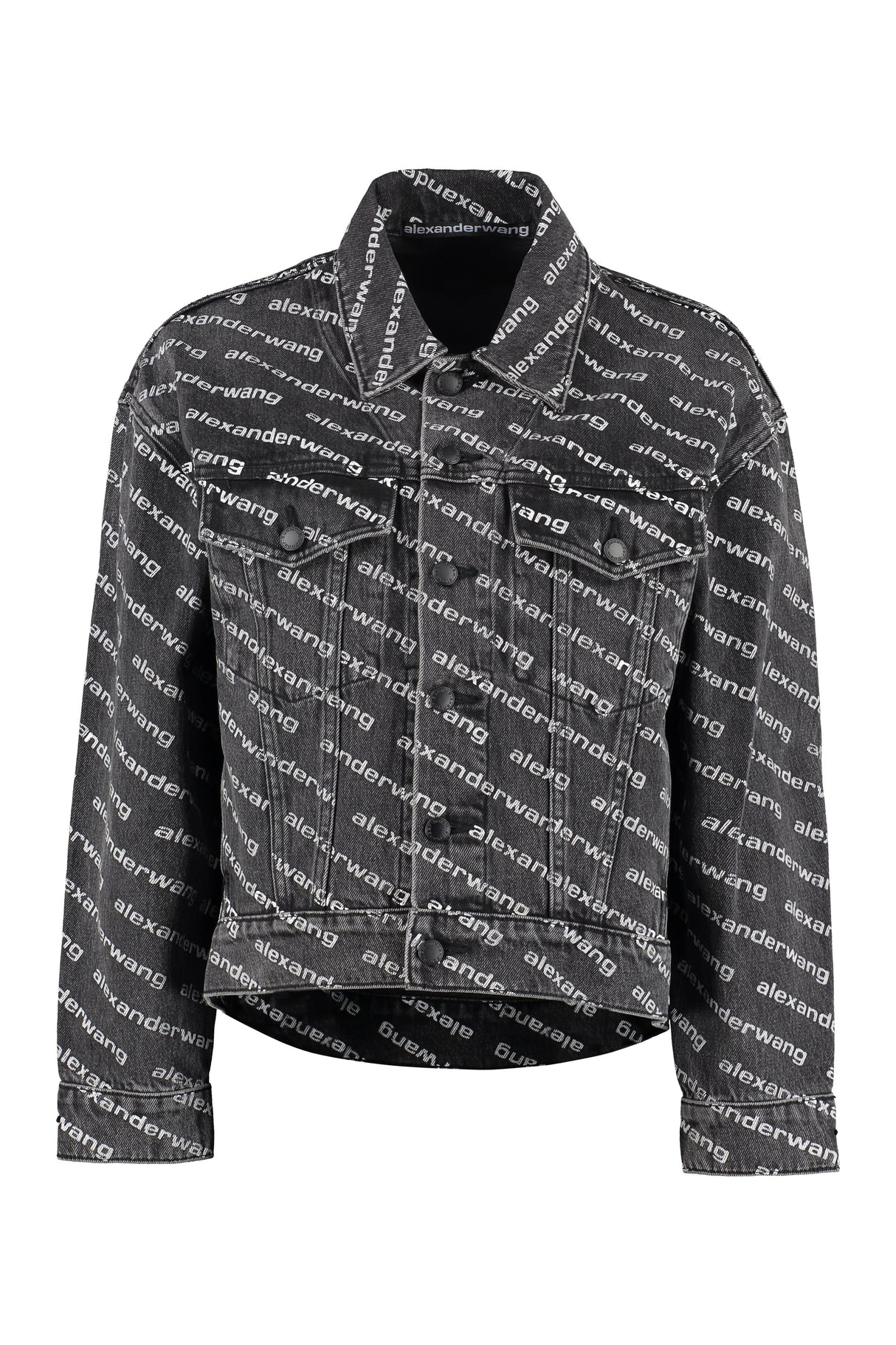全面ロゴプリントのデニムジャケット - クラシックカラー、綿100%