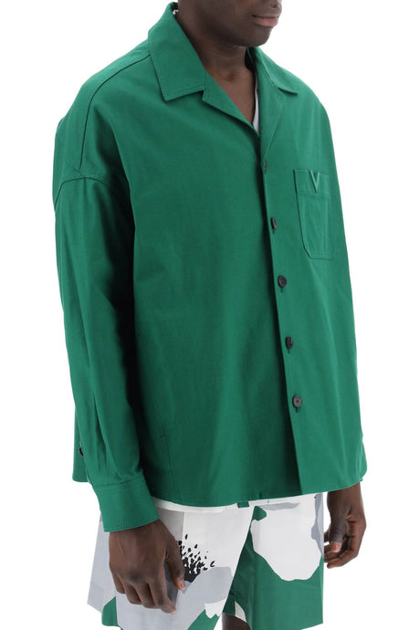 VALENTINO GARAVANI Stretch Cotton Canvas Overshirt with V Detail for Men in Green