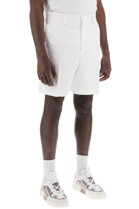VALENTINO Men's White Cotton Poplin Bermuda Shorts with Pressed Pleats & Belt Loops
