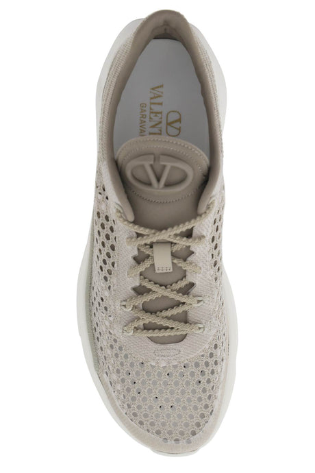 VALENTINO GARAVANI Beige Mesh Sneakers with Embroidered Ribbing and Leather Details for Women