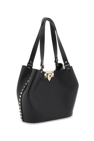 Iconic Platinum Studs Tote Handbag in Black Hammered Leather - SS24