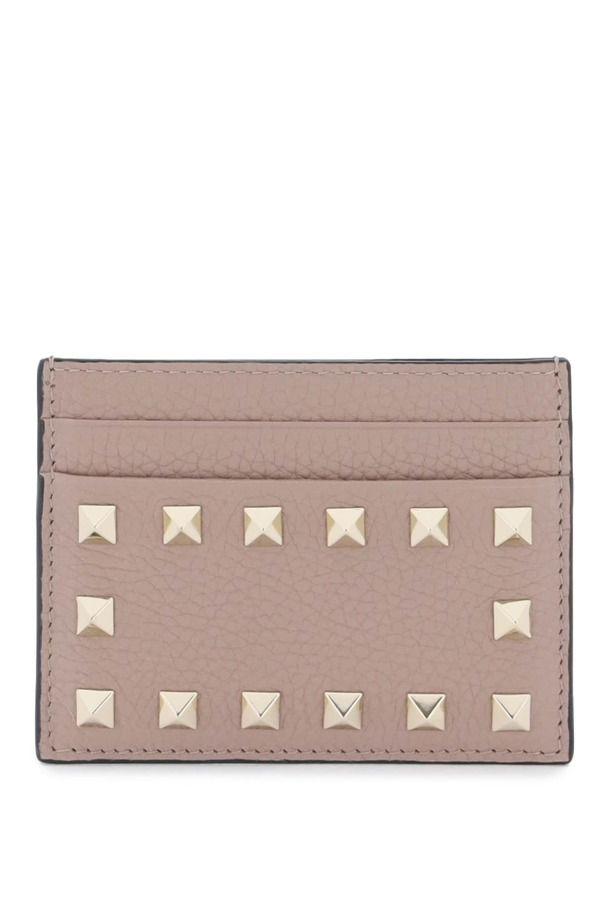 Grained Leather Card Holder with Rockstud Appliqués for Women