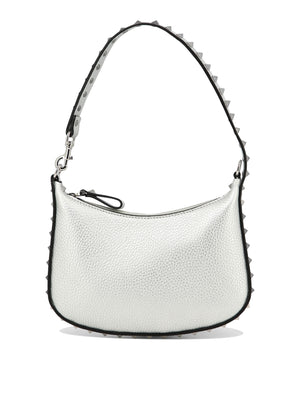 VALENTINO GARAVANI Mini Rockstud Silver-Toned Studded Gray Leather Shoulder Bag with Zip Closure and Snap-Hook