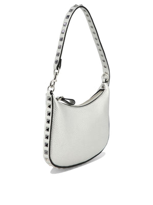 VALENTINO GARAVANI Mini Rockstud Silver-Toned Studded Gray Leather Shoulder Bag with Zip Closure and Snap-Hook