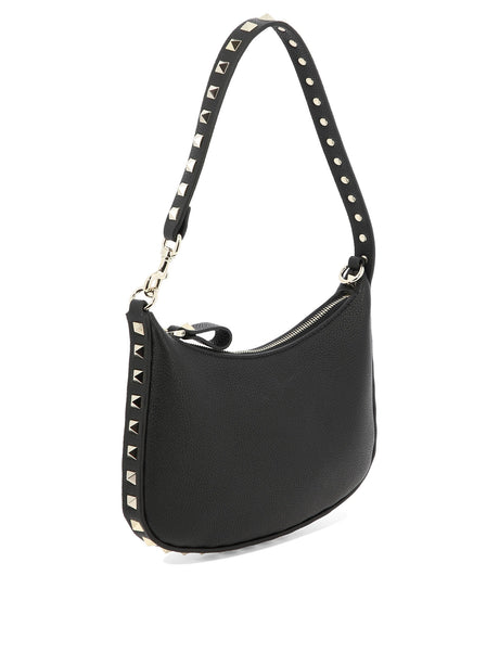 VALENTINO GARAVANI Mini Rockstud Black Leather Shoulder Bag with Platinum Studs and Zip Closure