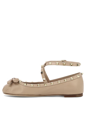 Pink Leather Studded Ballet Flats with Ankle Strap and Bow Detail