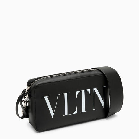 Contrasting VLTN Logo Black Leather Shoulder Handbag for Men