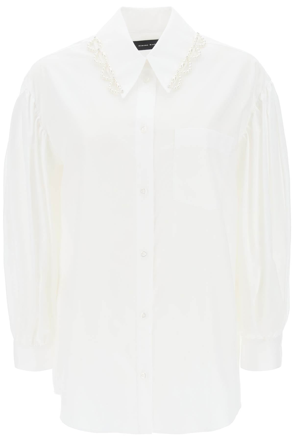经典白色衬衫，优雅泡泡袖，饰以珍珠和水晶装饰